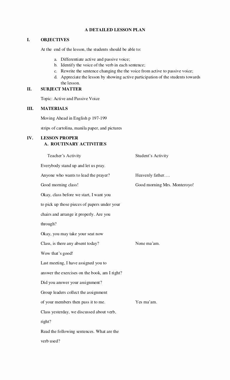 Detailed Lesson Plan Template Awesome Detailed Lesson Plan In Active and Passive