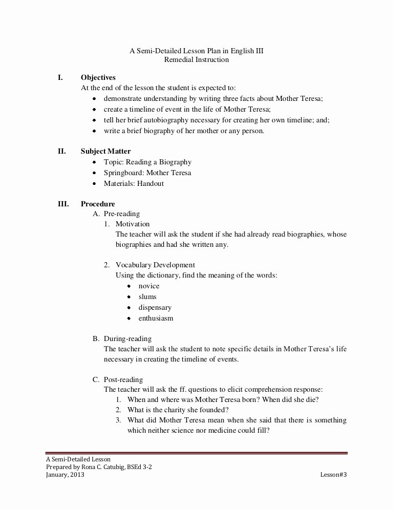 Detailed Lesson Plan Template Beautiful Semi Detailed Lesson Plan On Reading A Biography