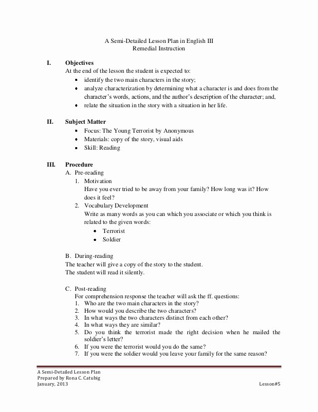 Detailed Lesson Plan Template Beautiful Semi Detailed Lesson Plan On the Young Terrorist by Anonymous
