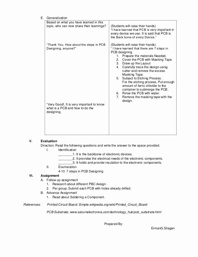 Detailed Lesson Plan Template Fresh Sample Detailed Lesson Plan In Digital Electronics Pcb