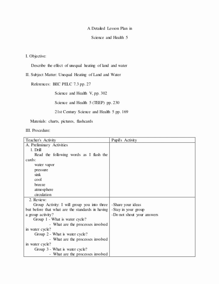 Detailed Lesson Plan Template Lovely A Detailed Lesson Plan In Science and Health 5