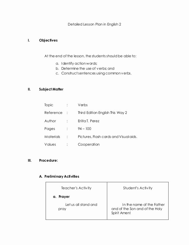 Detailed Lesson Plan Template Luxury Detailed Lesson Plan In English 2 Verbs