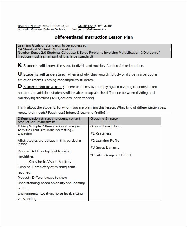 Differentiated Lesson Plan Template Fresh Differentiated Instruction Template 7 Free Word Pdf