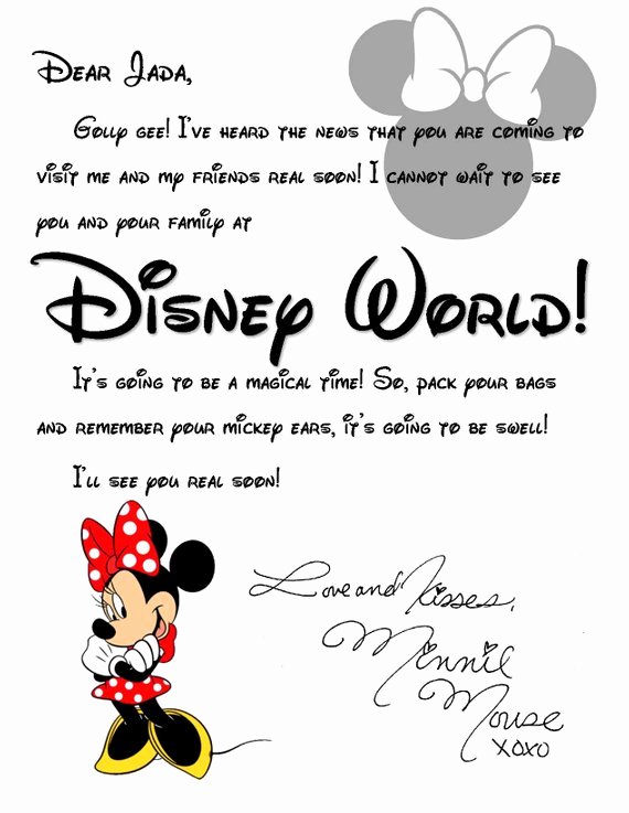 Disney Surprise Letter Template Awesome Custom Disney World Letter From Minnie Invitation to Disney
