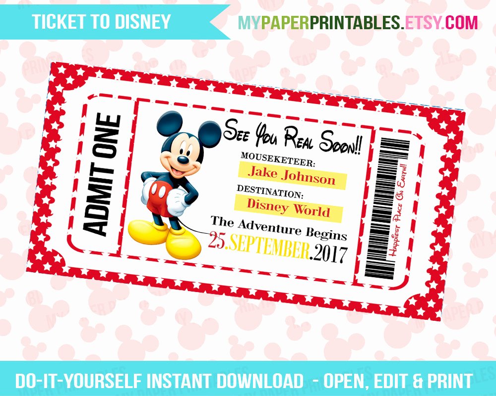Disney Surprise Letter Template Beautiful Printable Ticket to Disney Diy Personalize Instant Download
