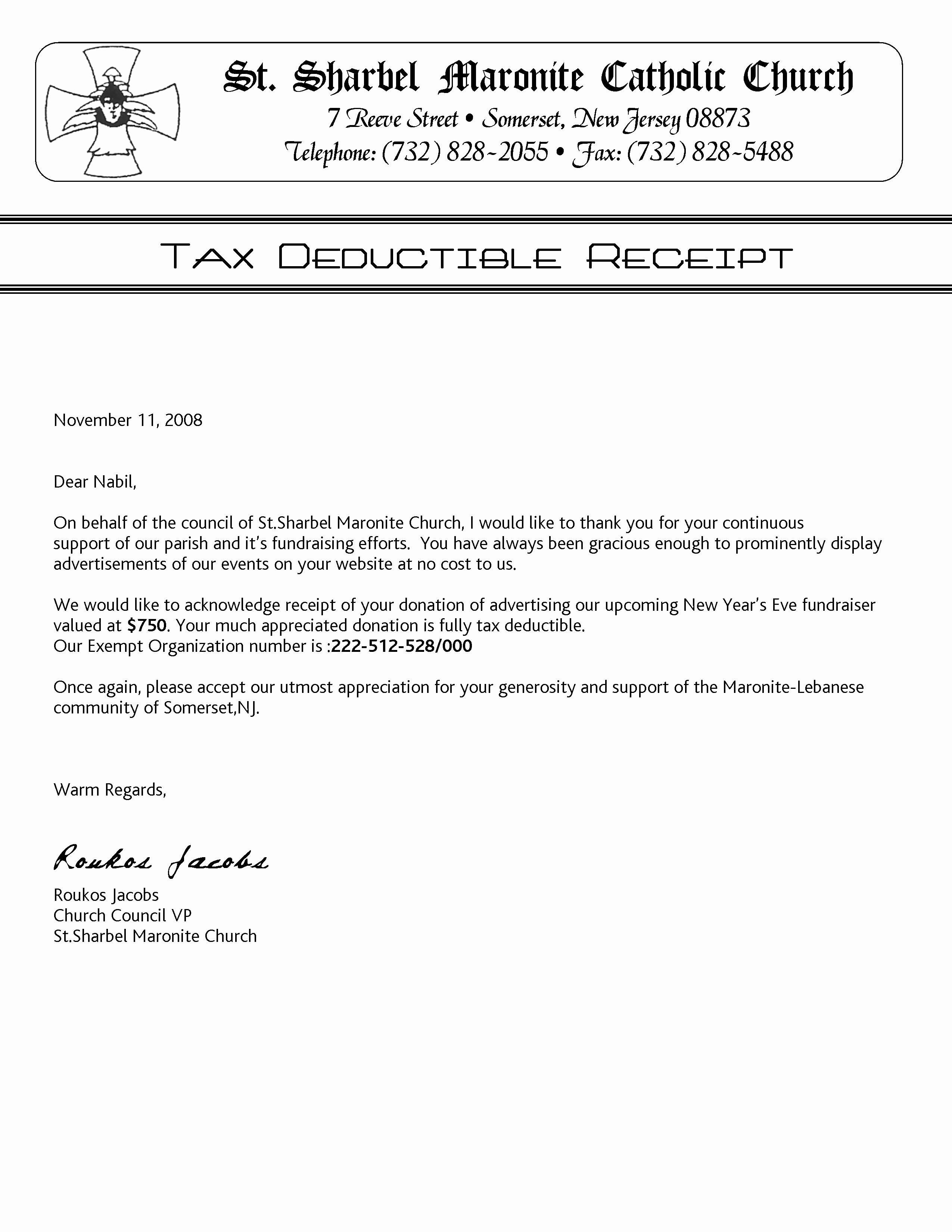 Donation Receipt Letter Template Elegant Church Donation Letter for Tax Purposes