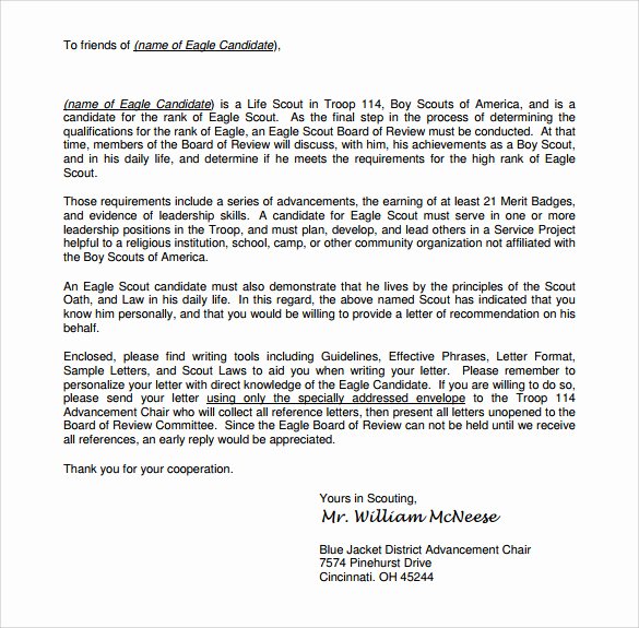 Eagle Letter Of Recommendation Awesome Sample Eagle Scout Letter Of Re Mendation 9 Download
