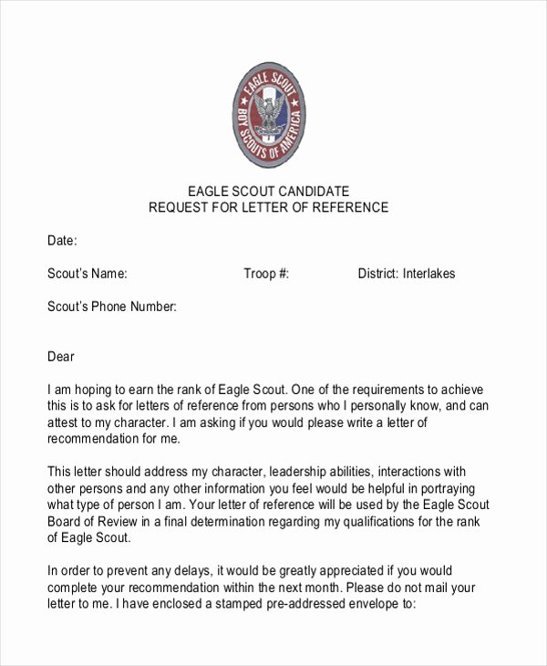 Eagle Letter Of Recommendation form Unique 9 Sample Eagle Scout Re Mendation Letter Templates