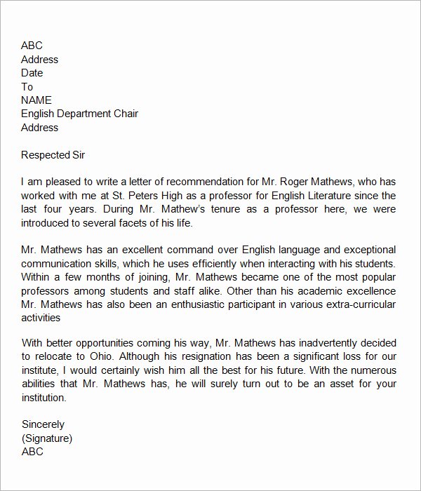 Education Letter Of Recommendation Lovely 19 Letter Of Re Mendation for Teacher Samples Pdf Doc