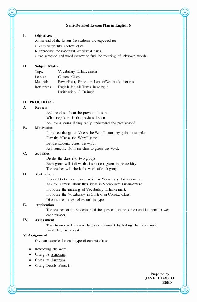 Ela Lesson Plan Template Awesome Semi Detailed Lesson Plan In English 6 I Objectives at