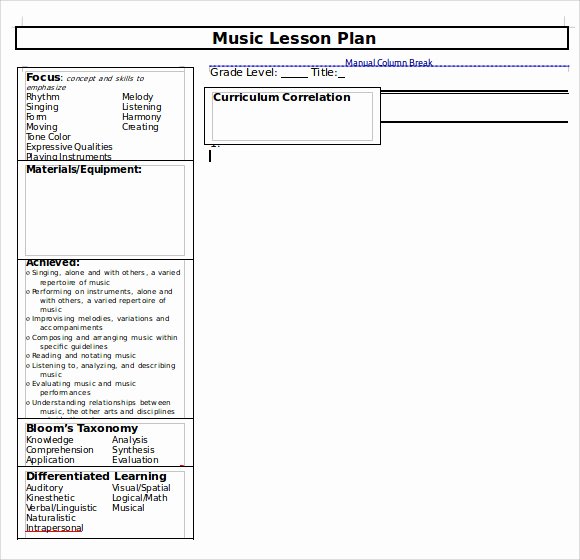 Elementary Music Lesson Plan Template Luxury Sample Music Lesson Plan Template 8 Free Documents In