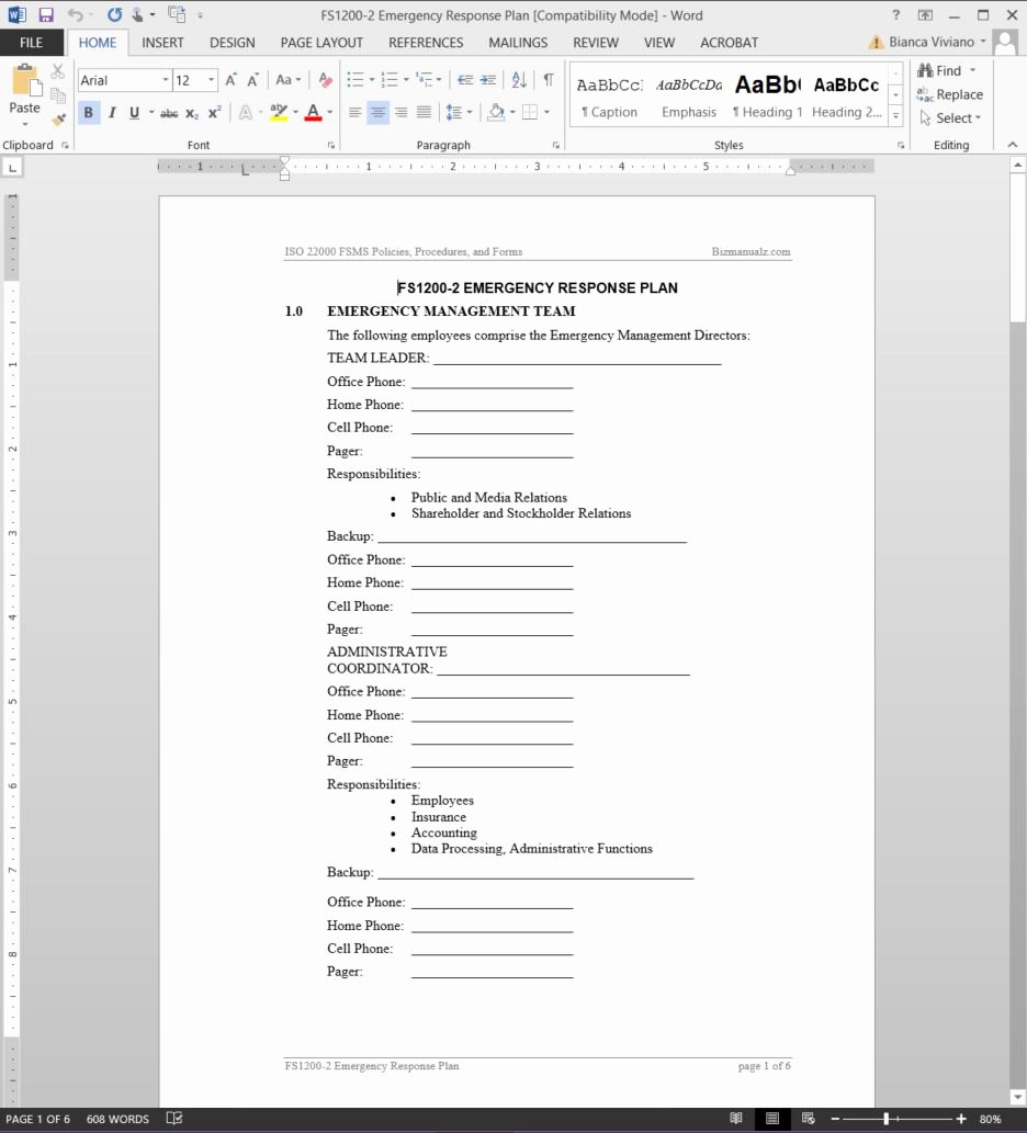 Emergency Response Plan Template Awesome Fsms Emergency Response Plan Template