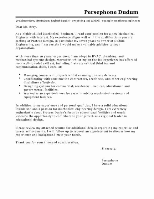 Engineer Cover Letter format Awesome Mechanical Engineer Cover Letter Template