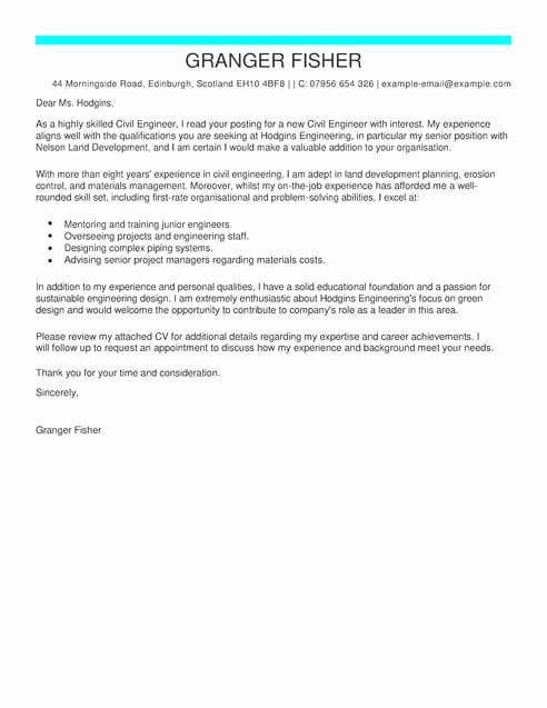 Engineer Cover Letter format Beautiful Civil Engineer Cover Letter Template