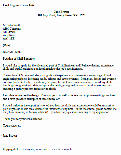 Engineer Cover Letter format Fresh Civil Engineer Cover Letter Example