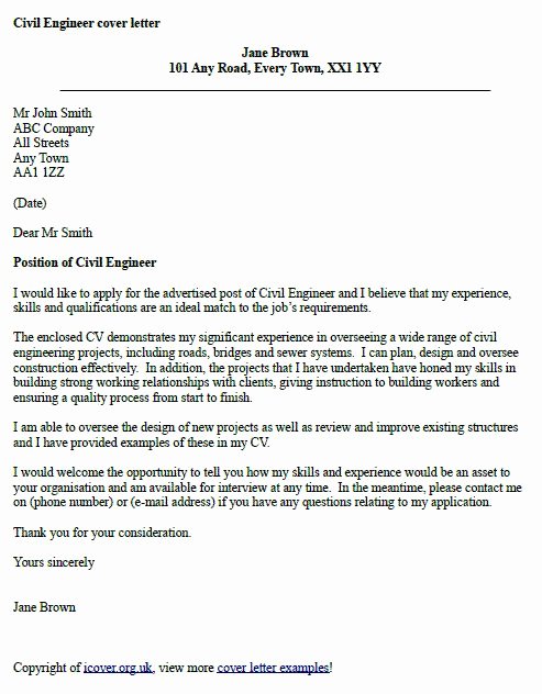 Engineering Cover Letter format New Civil Engineer Cover Letter Example