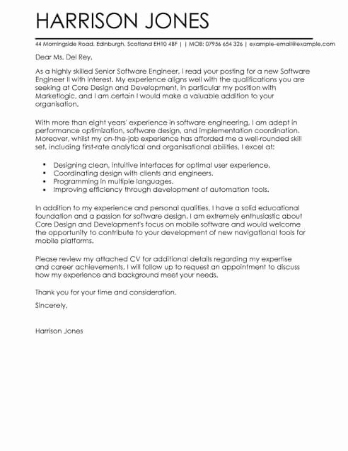 Engineering Cover Letter format Unique software Engineer Cover Letter Template