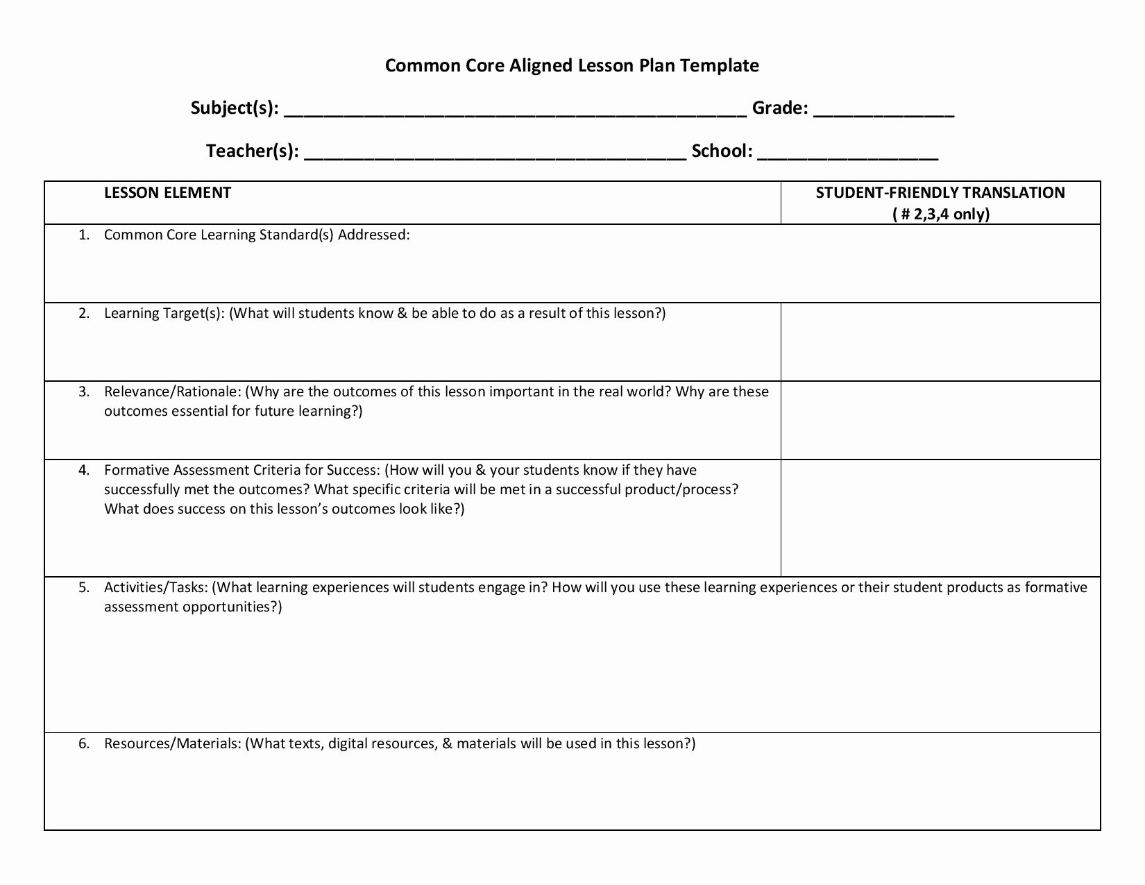 Example Lesson Plan Template Beautiful Lesson Planning Templates Ccss