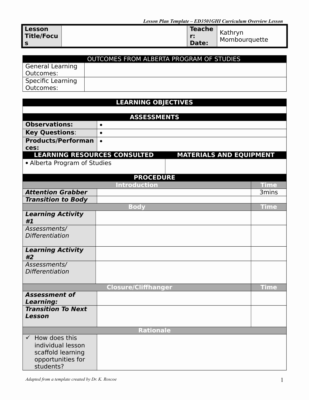 Example Lesson Plan Template Fresh Lesson Plan Template by Kathrynm · Ninja Plans
