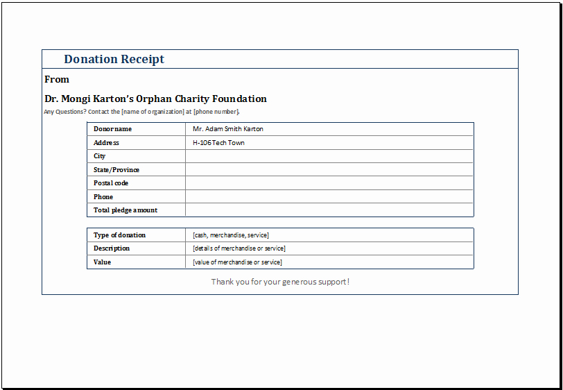 Excel Donation List Template New Ms Excel Editable &amp; Printable Donation Receipt Template