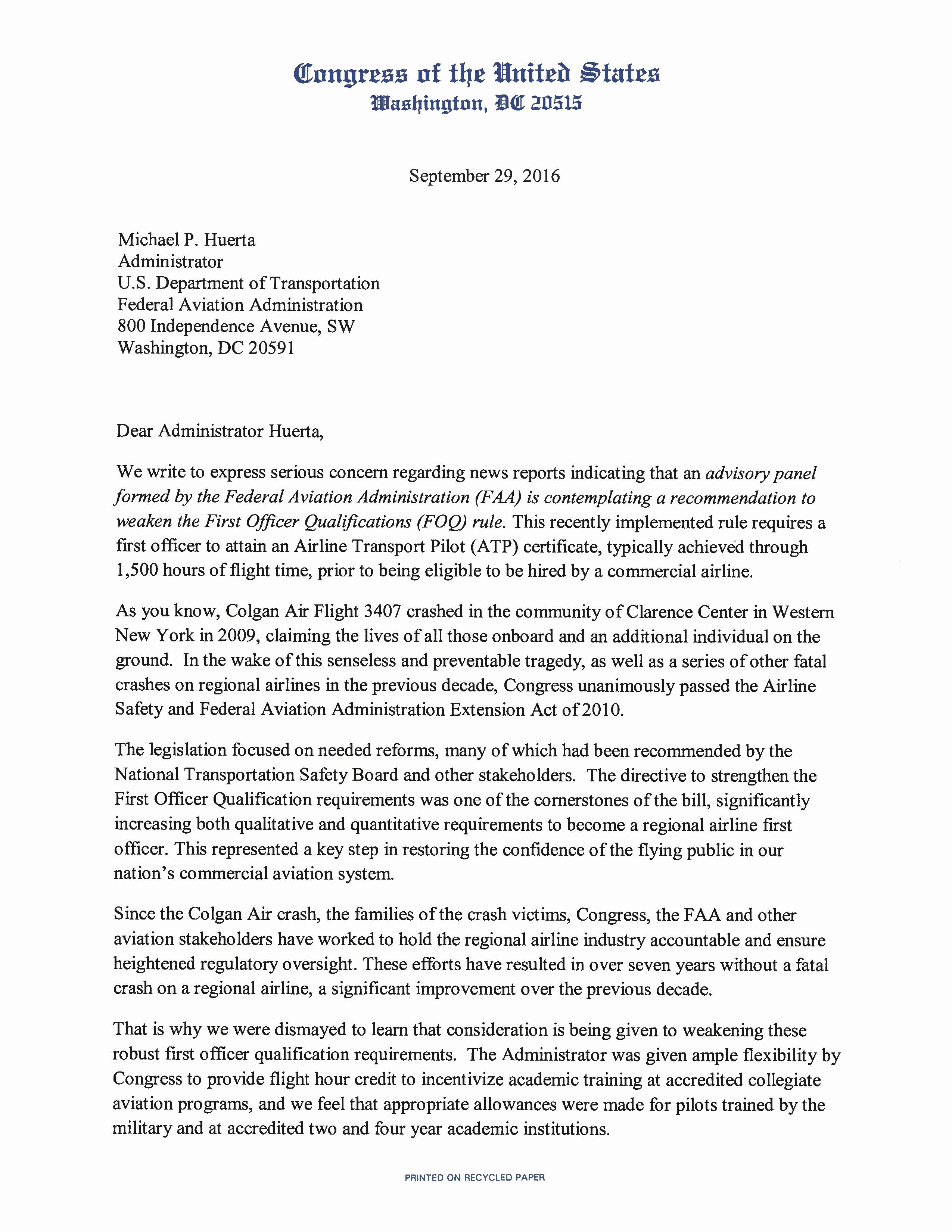 congressman higgins letter to administrator huerta