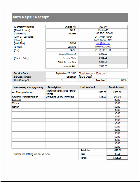 Fake Auto Repair Receipt New Ms Excel Editable Printable Auto Repair Receipt Template