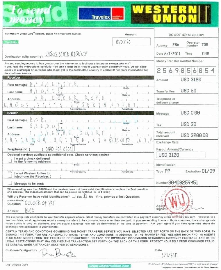 Fake Money order Receipt Template Best Of Western Union Transfer Receipt Western Union form to Send