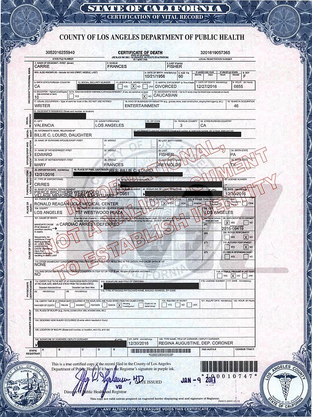 Florida Death Certificate Sample Unique Carrie Fisher S Certificate Confirms She D Of A