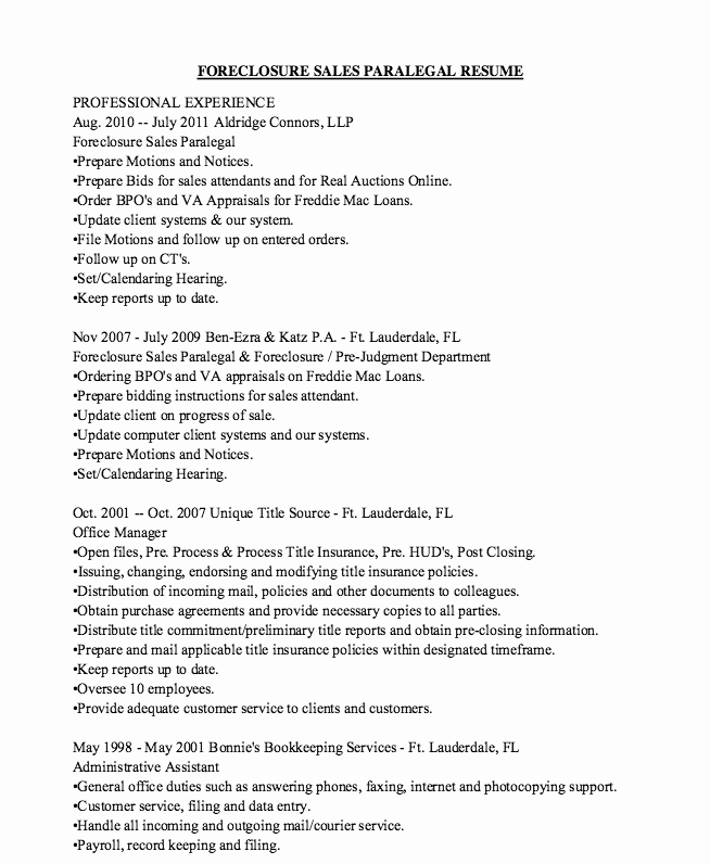 Foreclosure Letter Templates Awesome foreclosure Sales Paralegal Resume Example