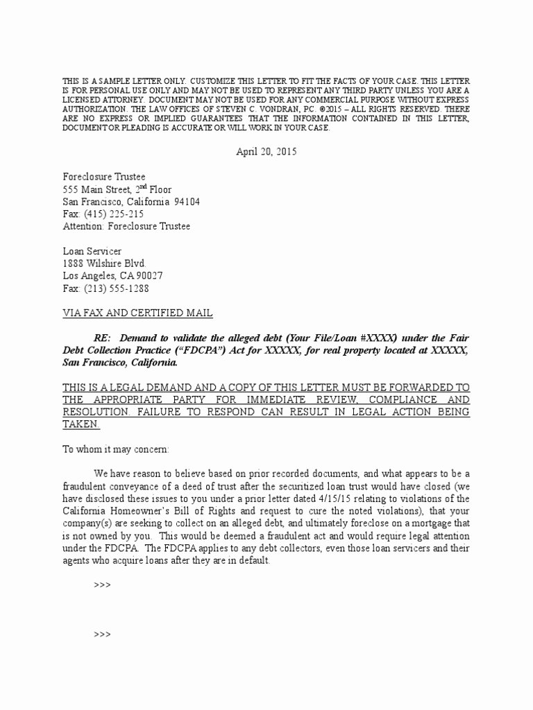 Foreclosure Letter Templates Awesome Sample Fdcpa Demand Letter Template Loan Frudgereport294