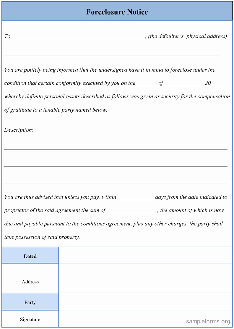 Foreclosure Letter Templates Lovely foreclosure Notice form Sample forms