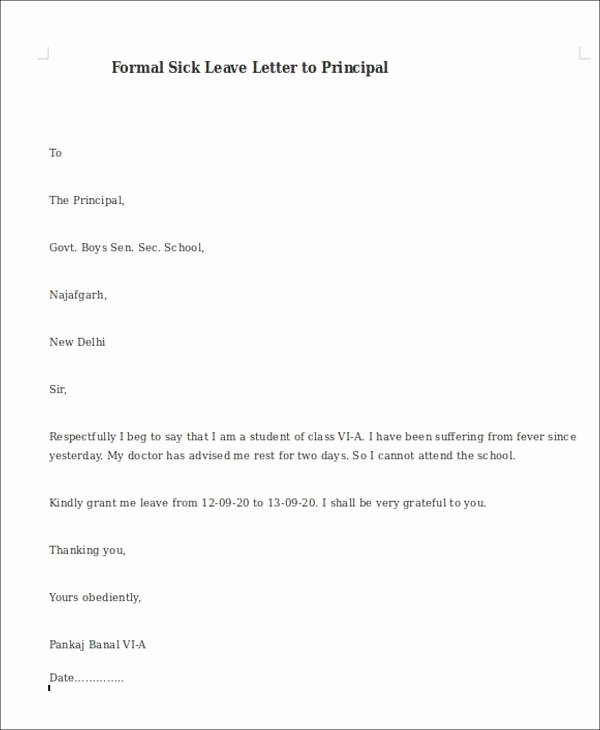 Formal Letter format for School Fresh formal Letter format for School Students for Leave
