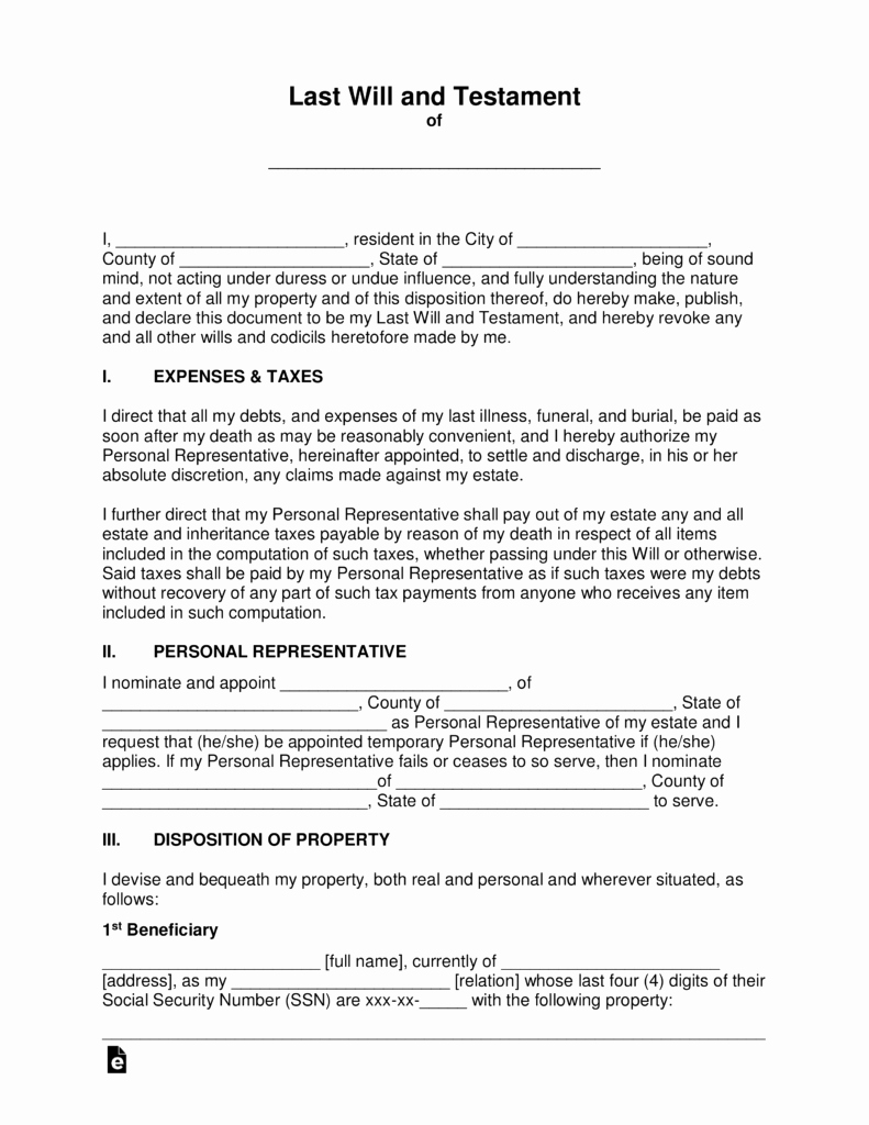 Free Blank Will forms Beautiful Last Will and Testament Templates – A “will”