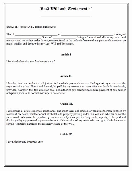 Free Blank Will forms Lovely Last Will and Testament Template