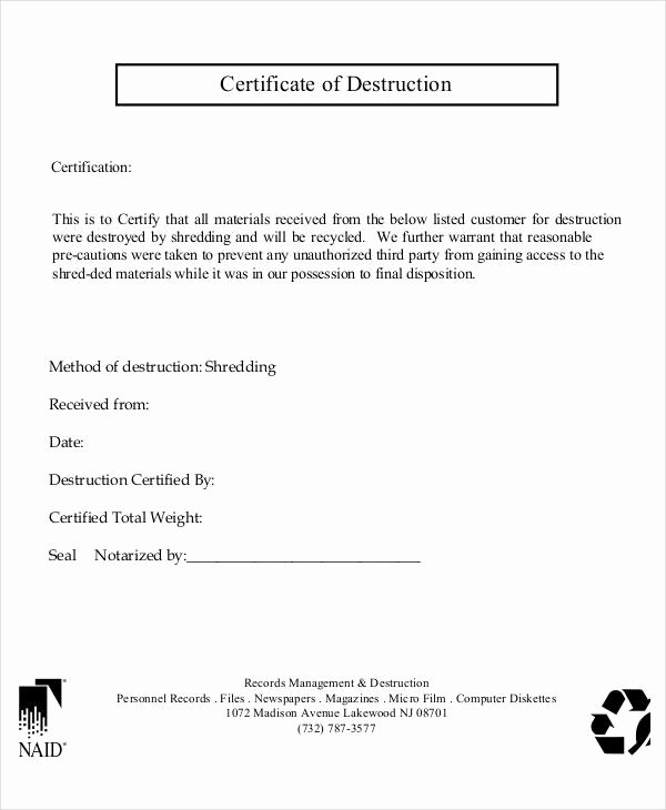 Free Certificate Of Destruction Template Unique Certificate Destruction Template 12 Pdf Word Ai