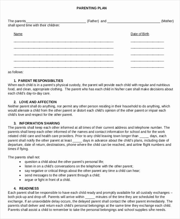 Free Parenting Plan Template Awesome 9 Parenting Plan Templates Free Sample Example format