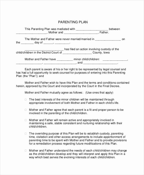 Free Parenting Plan Template Inspirational Parenting Plan Agreement Template