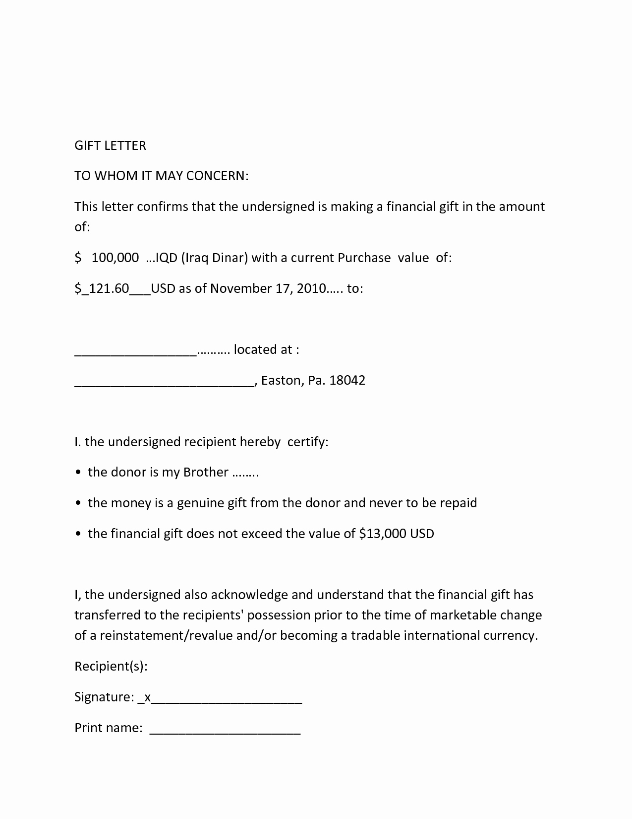 Gift Money Letter Template Beautiful 10 Best Of Money Gift Letter form Equity Gift