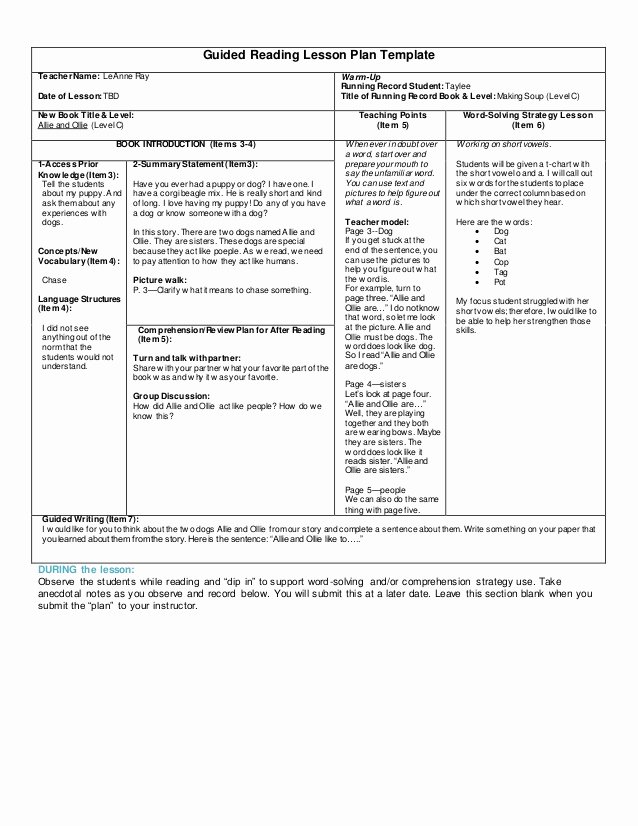 Guided Reading Lesson Plan Template Unique Guided Reading Lesson Plan