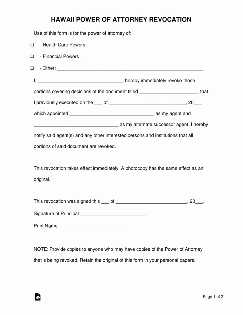 Hawaii Rental Agreement Fillable Awesome Free Hawaii Power Of attorney Revocation form Pdf