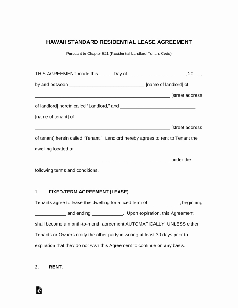 Hawaii Rental Agreement Fillable Best Of Free Hawaii Standard Residential Lease Agreement Template