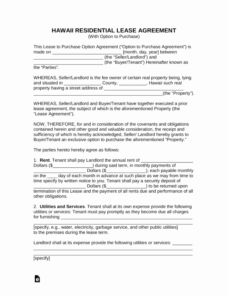 Hawaii Rental Agreement Fillable Inspirational Free Hawaii Residential Lease to Purchase Agreement form