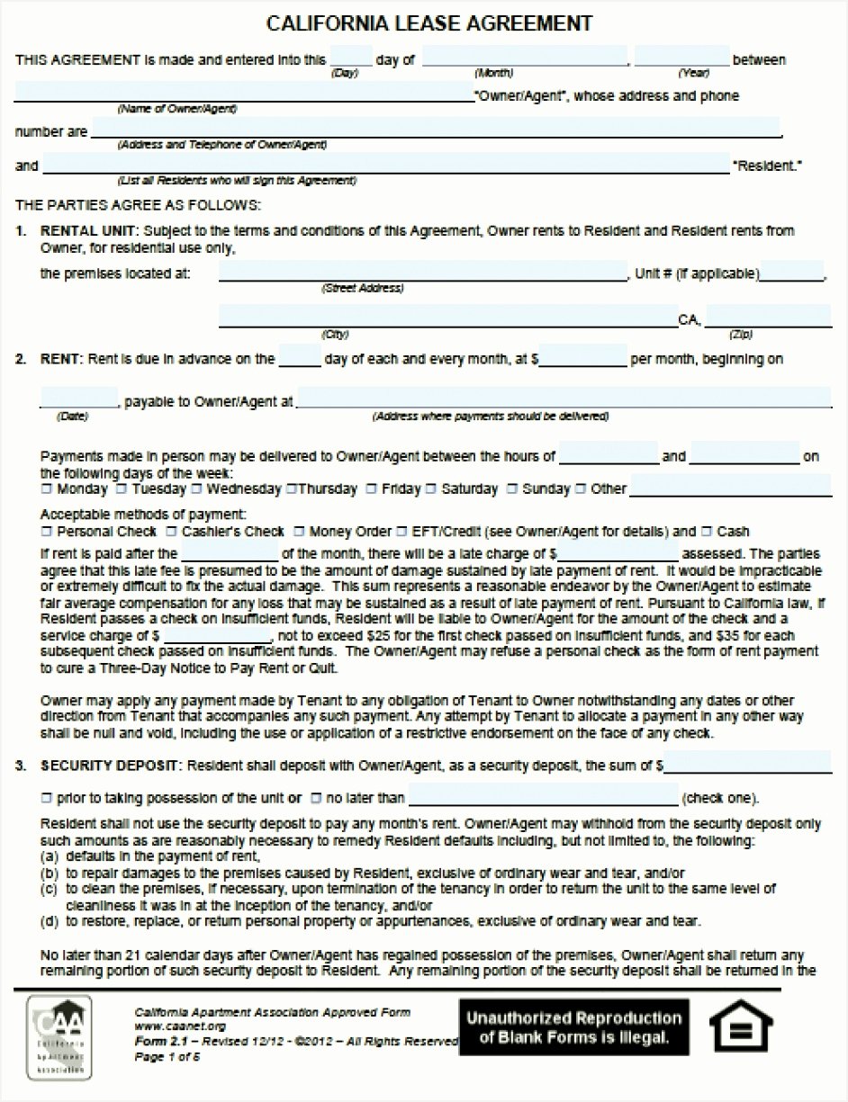 Hawaii Rental Agreement Fillable Lovely Free California Residential Lease Agreement Pdf