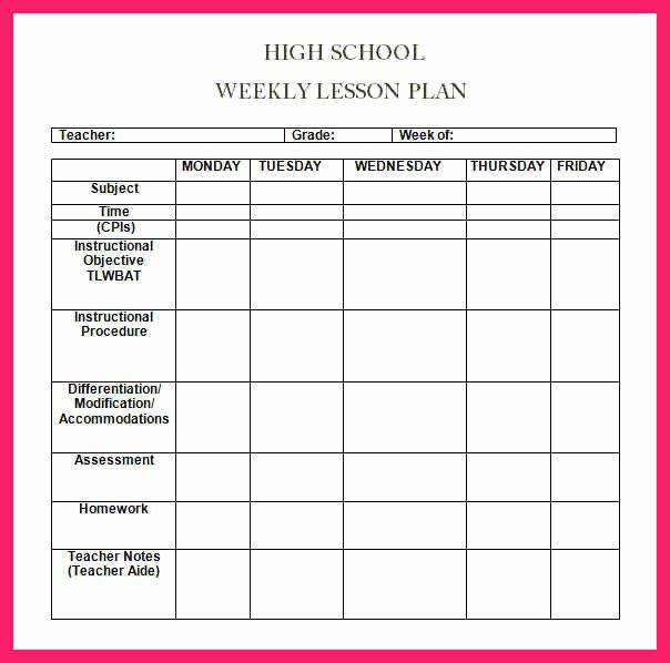High School Lesson Plan Template Fresh Weekly Lesson Plan Template