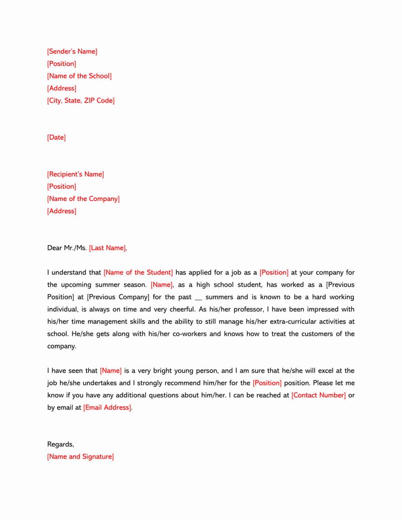High School Student Recommendation Letter Awesome High School Re Mendation Letter 12 Sample Letters