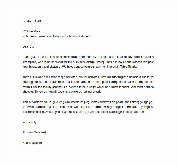 High School Student Recommendation Letter Elegant 30 Sample Letters Of Re Mendation for Scholarship Pdf