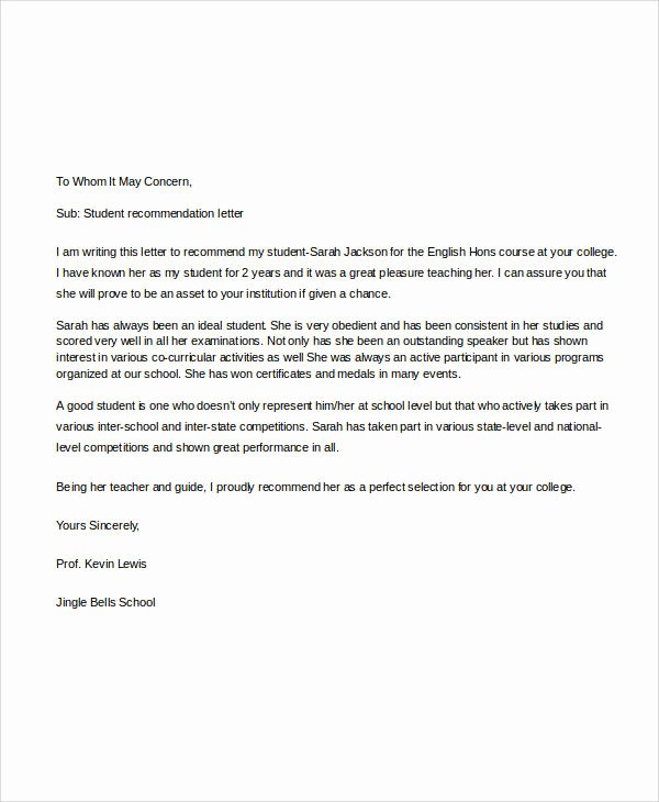 High School Student Recommendation Letter Unique Examples Of Re Mendation Letter
