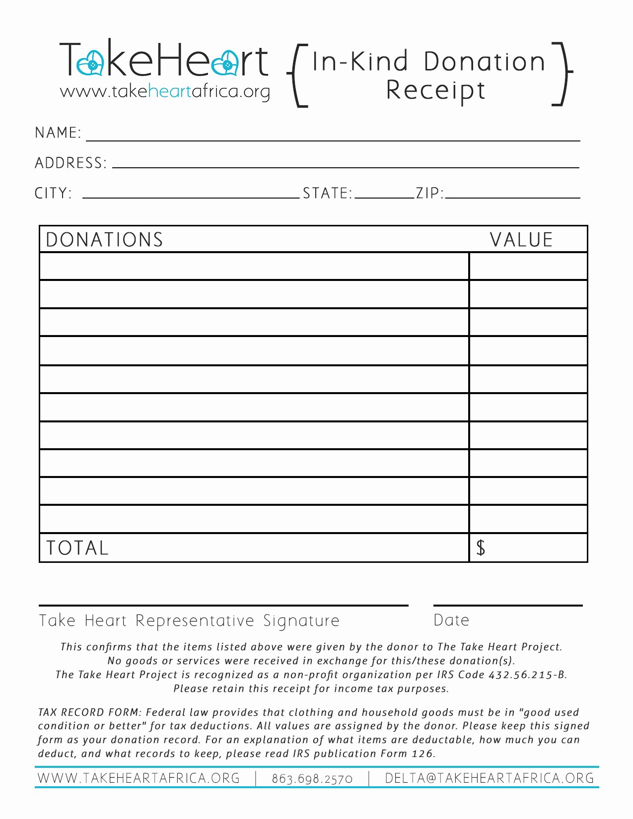 In Kind Donation Receipt Template Best Of In Kind Donations Take Heart Africa