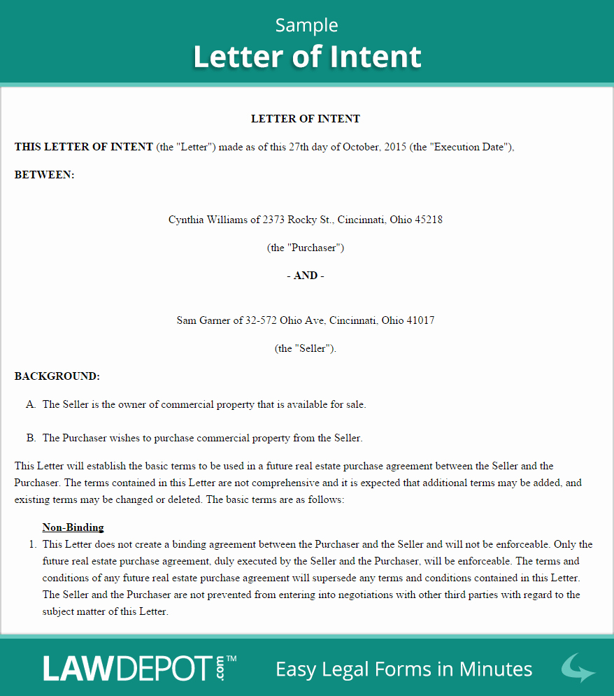 Intent to Purchase Business Agreement Elegant Letter Of Intent form Free Loi Template Us