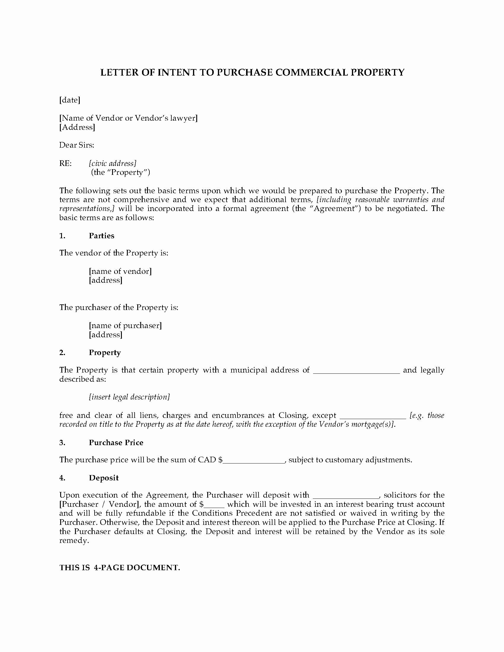 Intent to Purchase Business Agreement New Canada Letter Of Intent to Purchase Mercial Real Estate